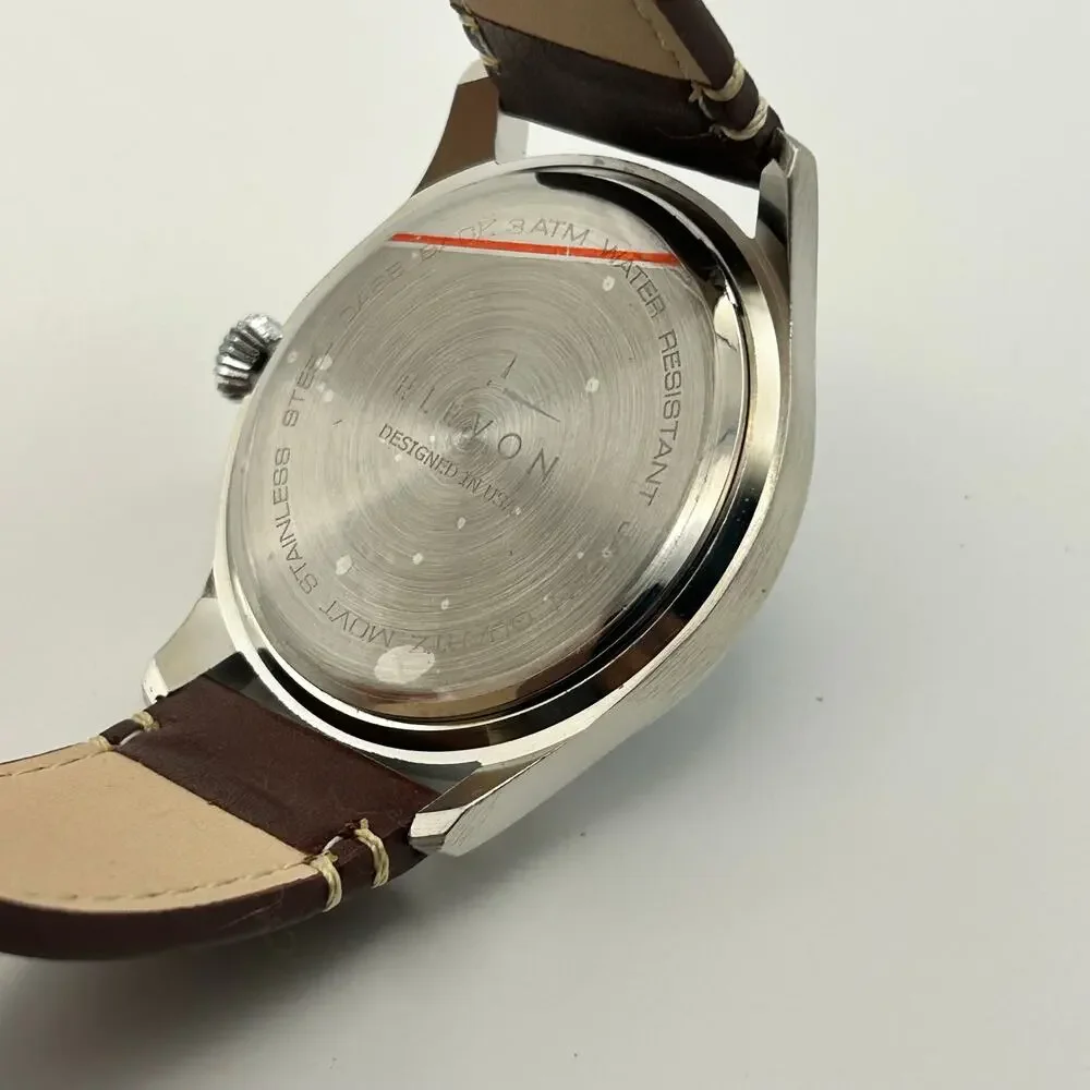 Elevon Silver-tone Case Blue Dial Brown Leather Men’s Watch Working New Battery